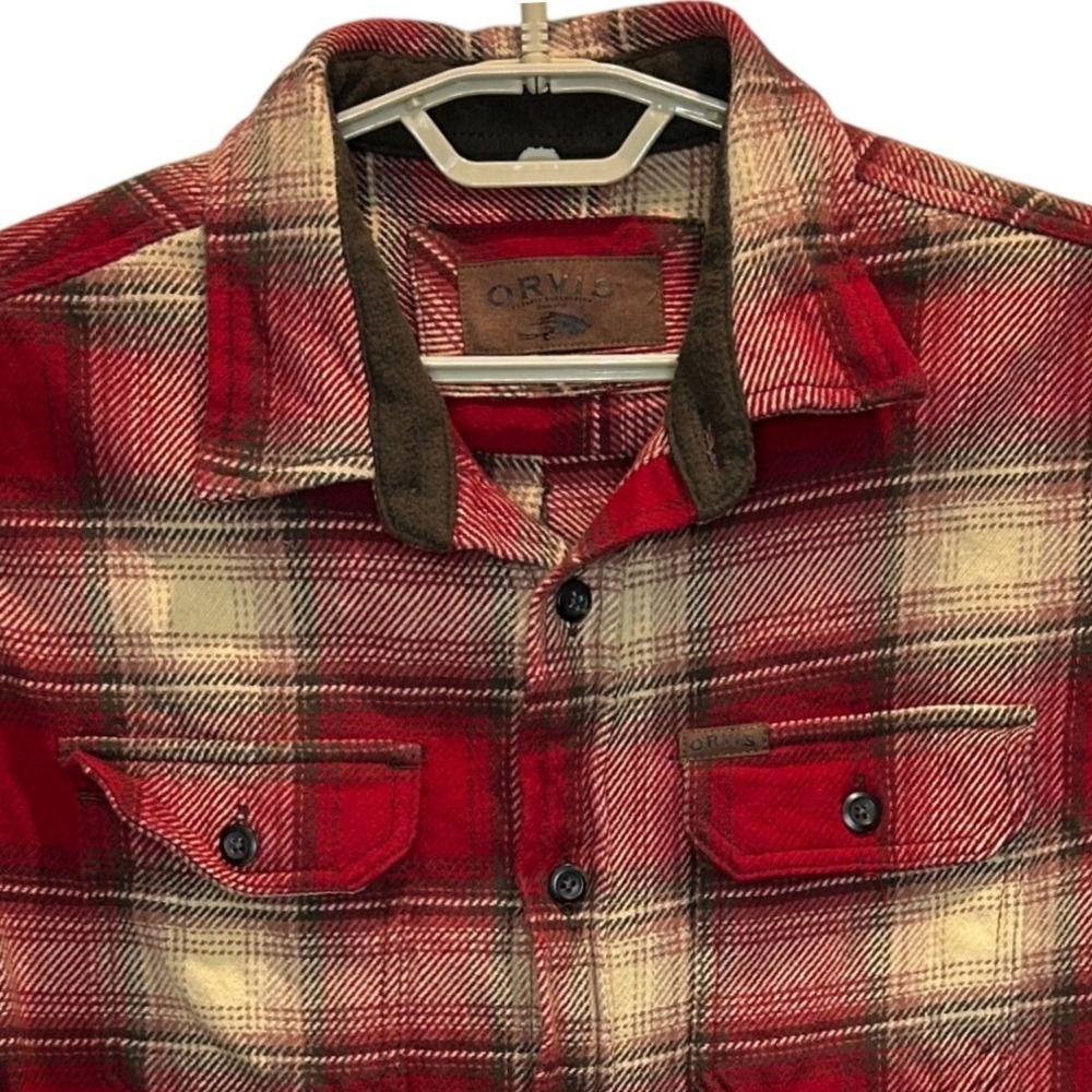 Orvis Flannel Shacket Large Mens Red Plaid Flannel Shirt Heavy Cotton Pocket